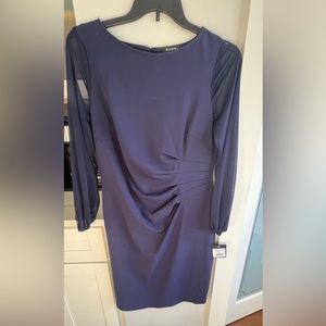 Marina Dresses Blue Midi Formal Blue Dress with Ruching Quarter Length Sleeve